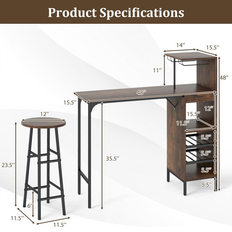 3-piece bar table set in rustic brown with 6-bottle wine rack, featuring a spacious tabletop and sturdy metal frame.