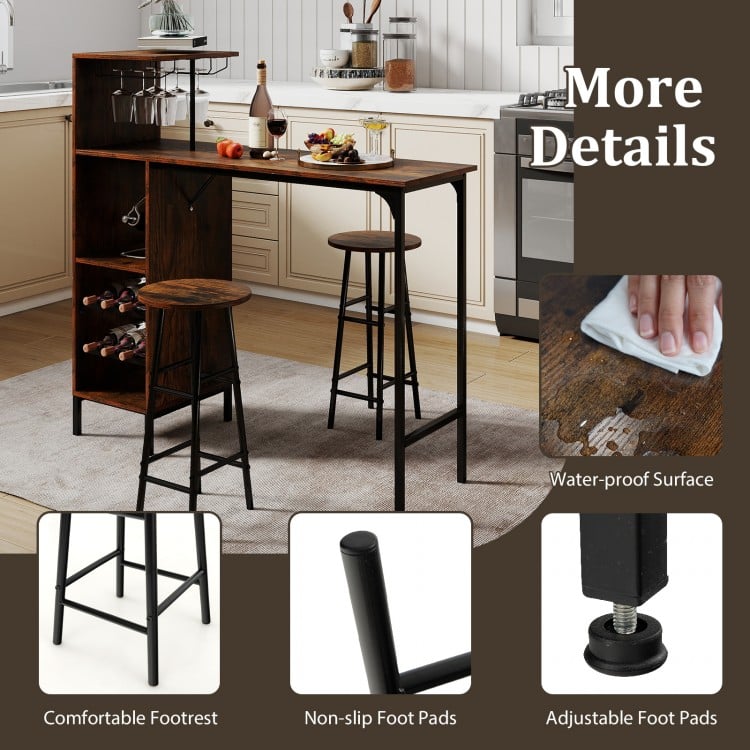Rustic brown 3-piece bar table set with wine rack, featuring a waterproof surface and adjustable foot pads for.