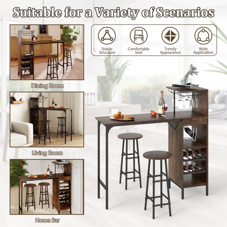 3-piece bar table and chairs set in rustic brown with wine rack, perfect for dining or home bar use.
