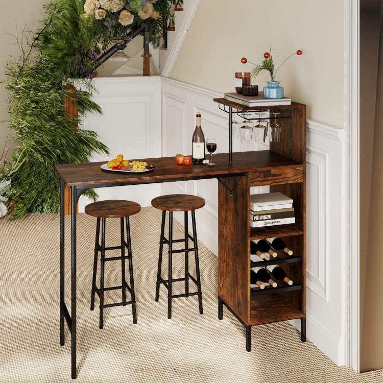 Rustic brown 3-piece bar table set with wine rack, glass holders, and sturdy metal frame, perfect for small spaces.