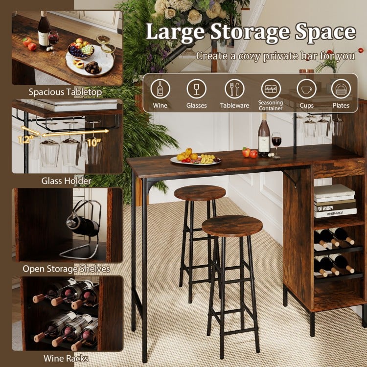 Rustic brown 3-piece bar table set with wine rack, glass holders, and spacious tabletop for dining or entertaining.