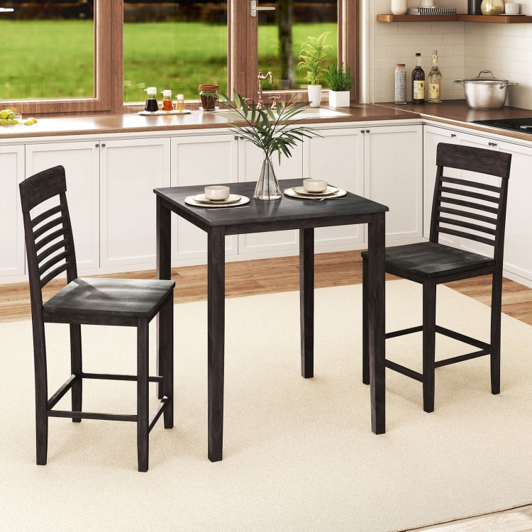 Counter-height dining table set with gray rubber wood frame, featuring 2 chairs and footrests, ideal for small spaces.