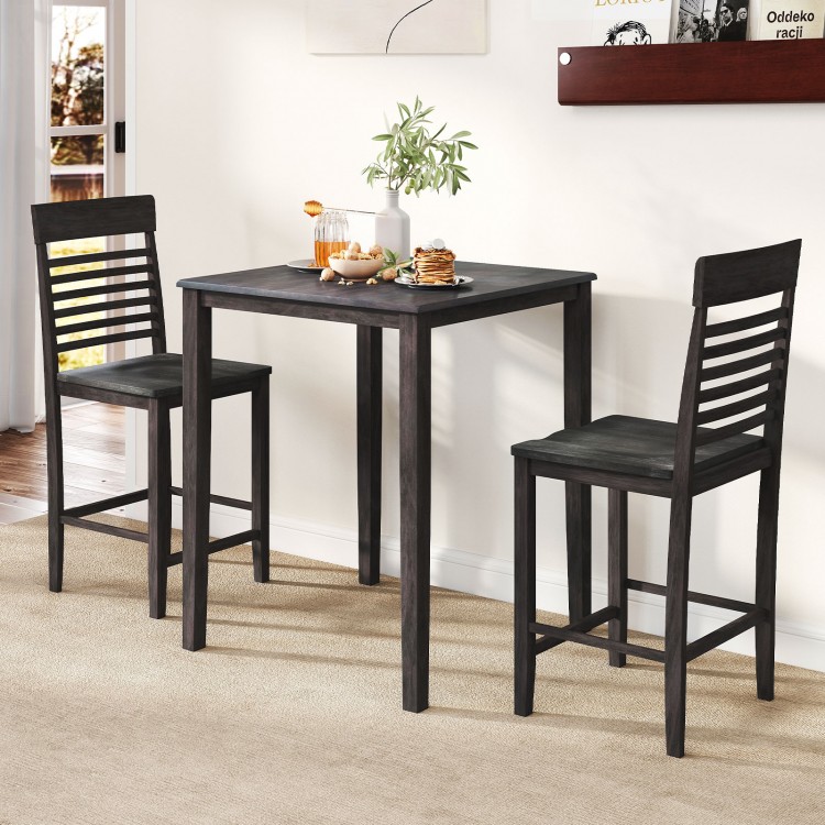 Counter-height dining table set with gray rubber wood frame and two ergonomic chairs, ideal for small spaces.
