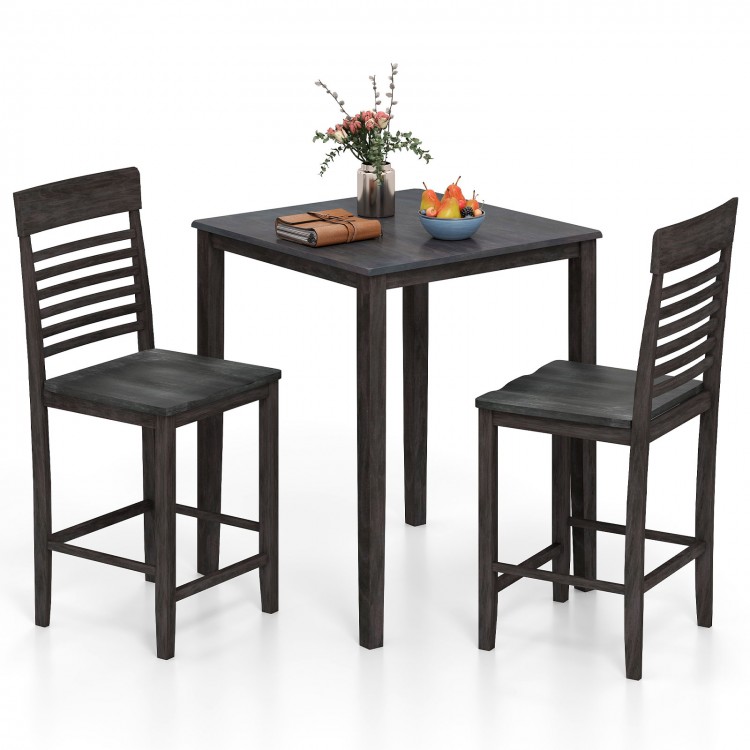 Counter-height dining table set with gray rubber wood frame, includes 2 chairs, perfect for small spaces or breakfast.