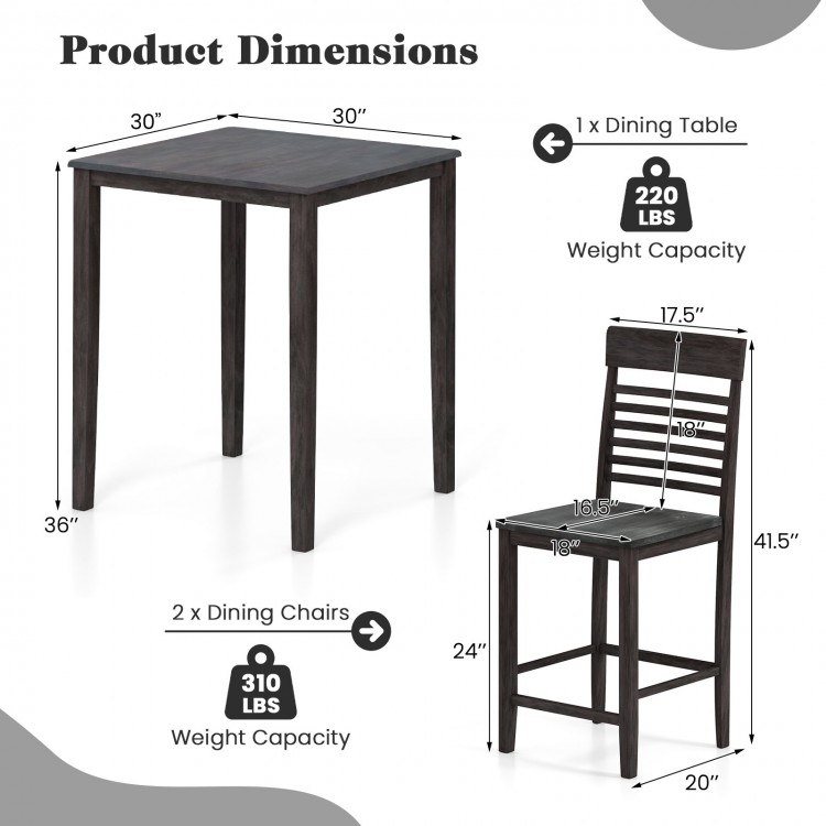 Counter-height dining table set with gray rubber wood frame, includes 2 chairs with ergonomic seats and footrests.