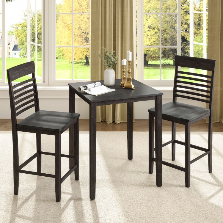 Counter-height dining table set with gray rubber wood frame and two chairs, ideal for small spaces and dining.