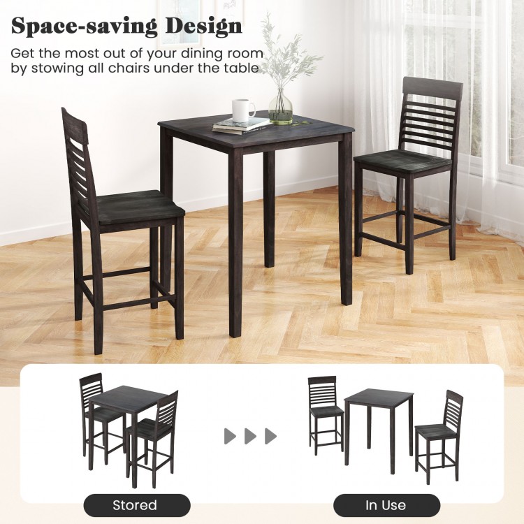 3-piece counter-height dining table set with gray rubber wood frame and footrest, ideal for small spaces.