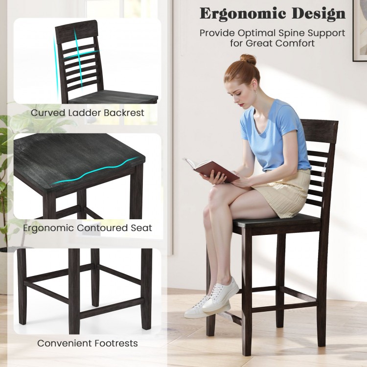 Counter-height dining table set with gray rubber wood frame, featuring ergonomic chairs and footrests for comfort.