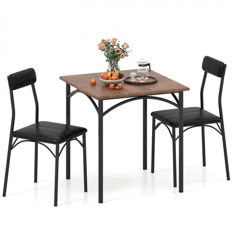 Square dining table set with rustic brown veneered top and two black PU leather chairs, perfect for dining rooms.