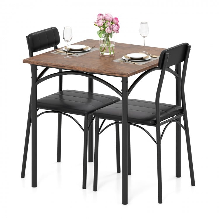 3-piece dining table set with rustic brown veneered tabletop and padded black chairs, perfect for dining rooms.