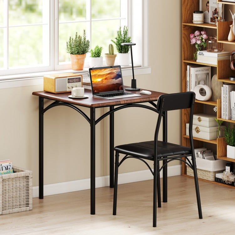 Rustic brown dining table set with two chairs, featuring PU leather cushions and ergonomic design for comfort.