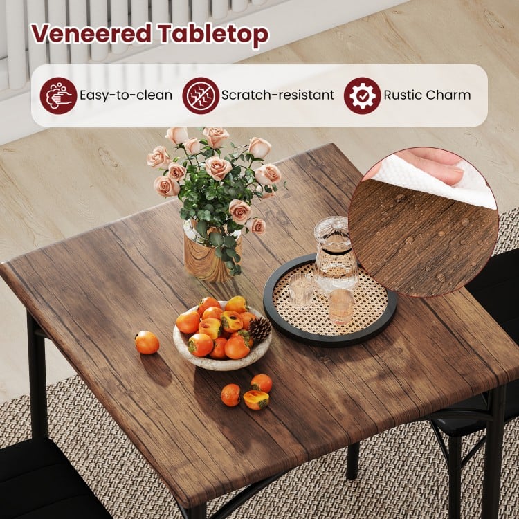 Square dining table set with a rustic brown veneered tabletop, featuring easy-to-clean and scratch-resistant surfaces.