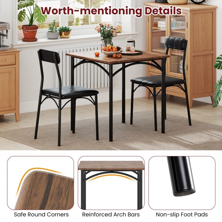 Square dining table set with two chairs in rustic brown, featuring safe round corners and non-slip foot pads for.
