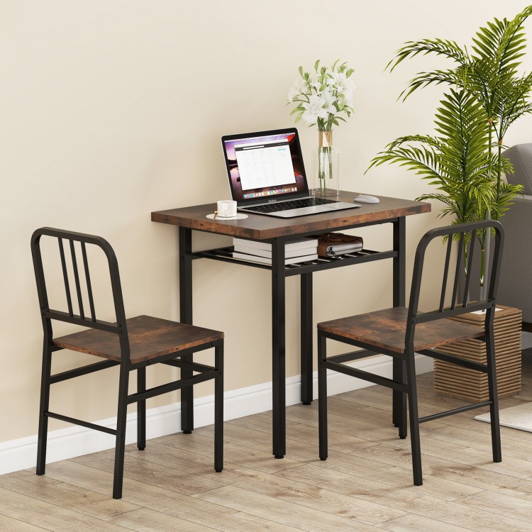 Rustic brown 3-piece dining table set with ergonomic chairs, perfect for intimate gatherings in any dining area.