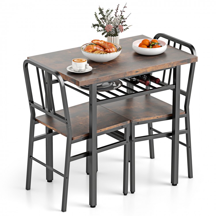 Rustic brown 3-piece dining table set with rectangular table and 2 chairs, featuring open storage shelf for easy access.