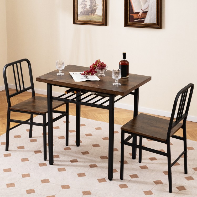 Rustic brown 3-piece dining table set featuring a rectangular table and two chairs, ideal for intimate gatherings.