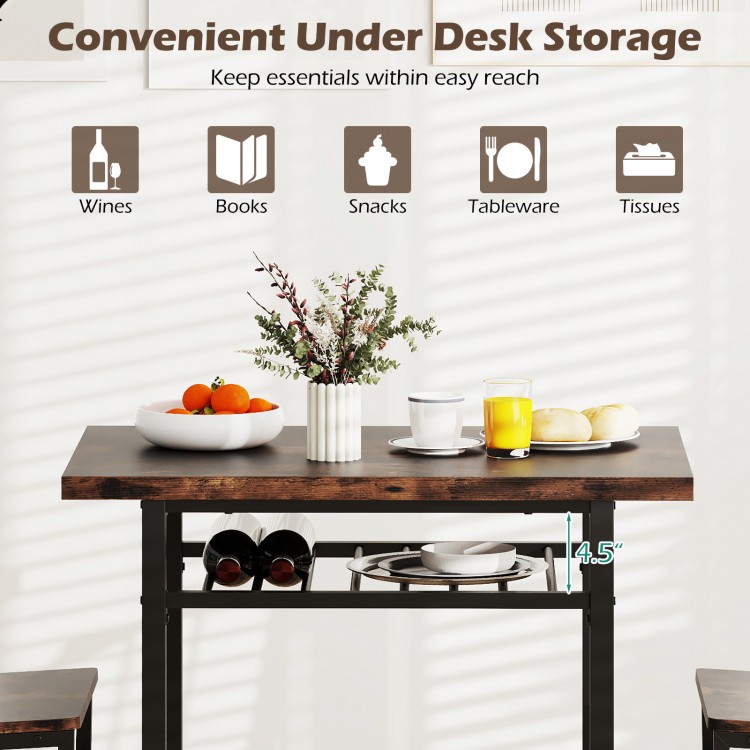 Rustic brown dining table set with open storage shelf, perfect for keeping essentials within easy reach.
