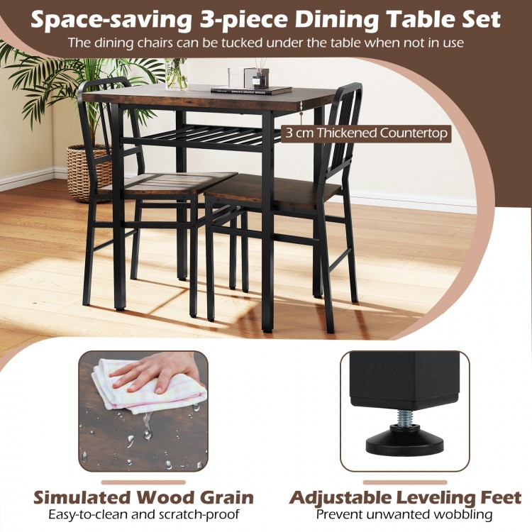 3-piece dining table set featuring a rustic brown finish, ergonomic chairs, and adjustable leveling feet for stability.