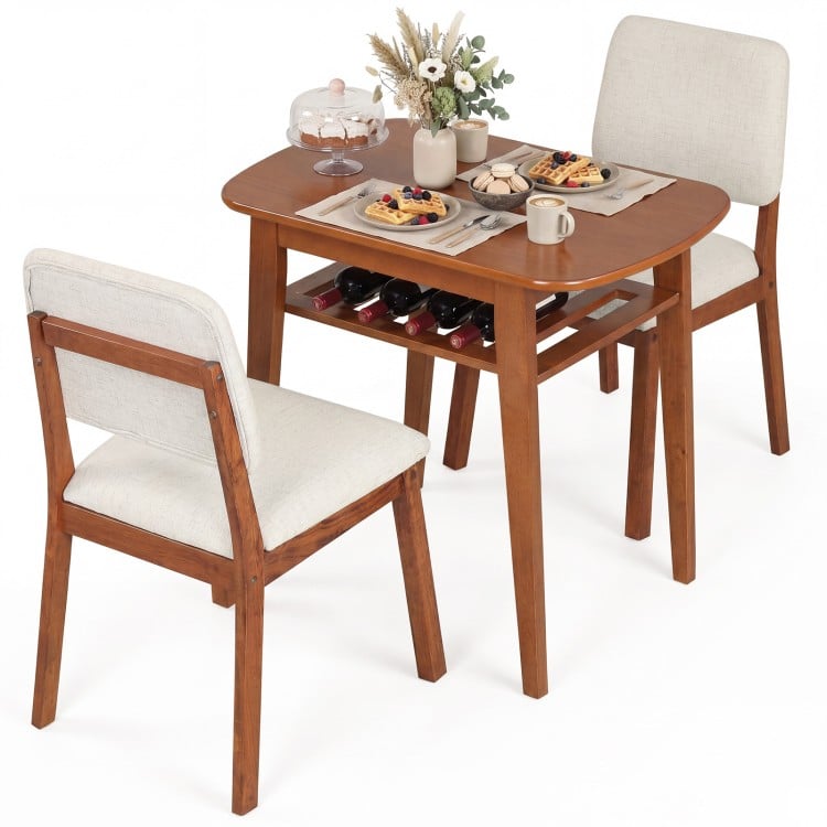 3-piece dining table set for 2 with cherry finish, upholstered chairs, and built-in storage rack for space-saving.