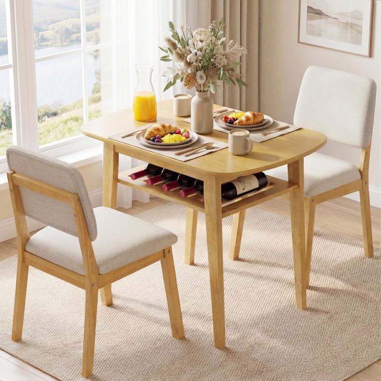 3-piece dining table set with natural wood finish, upholstered chairs, and built-in storage for space-saving dining.