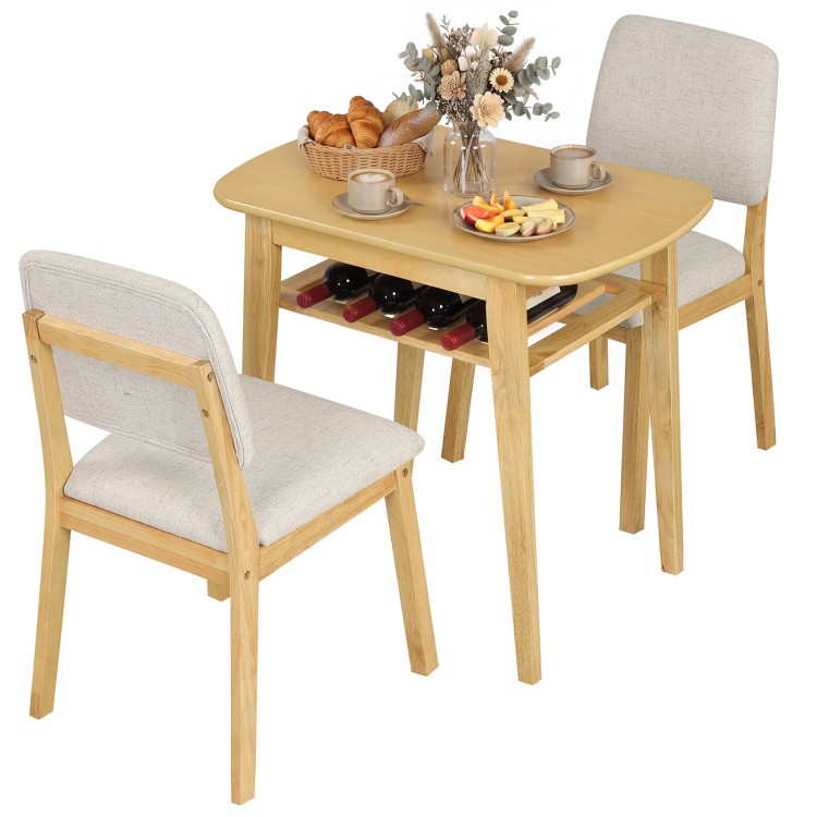 3-piece dining table set for 2 with upholstered chairs, natural wood finish, space-saving design for cozy dining.