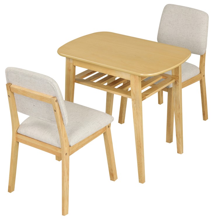 3-piece dining table set for 2 with natural wood finish and upholstered chairs, perfect for space-saving dining.