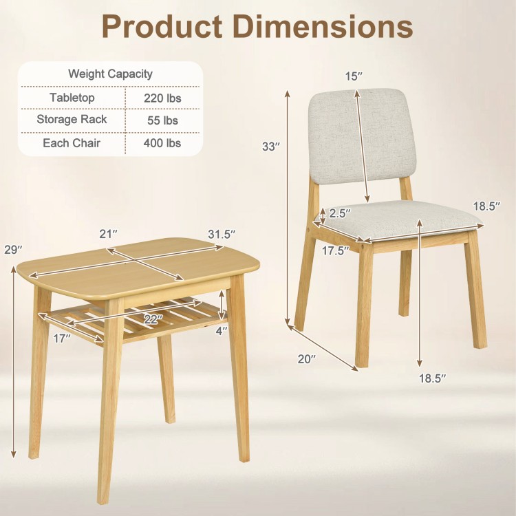3-piece dining table set featuring a natural wood grain table and upholstered chairs with built-in storage for.