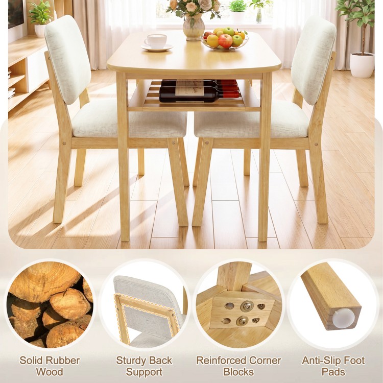 3-piece dining table set for 2 with upholstered chairs in natural wood, featuring a space-saving design and sturdy.