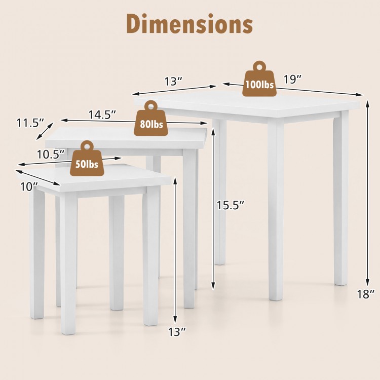 Nesting side tables set with dimensions shown, featuring a white finish and strong wooden construction for versatile.