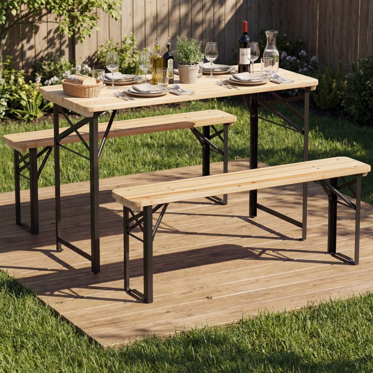 Folding picnic table set with fir wood and metal frame, seating up to 4, perfect for outdoor gatherings in the garden.