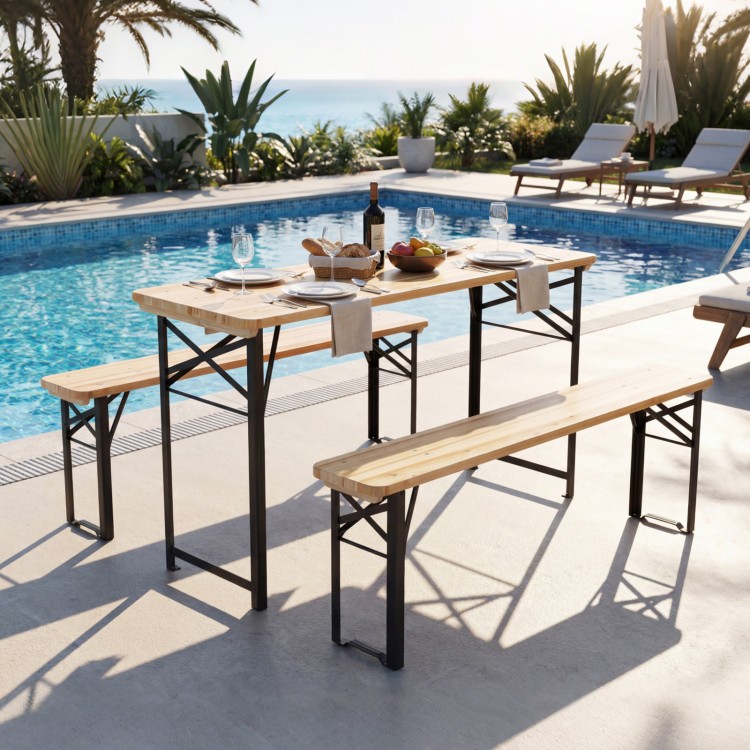 3-piece folding picnic table set with fir wood and metal frame, perfect for outdoor gatherings by the poolside.