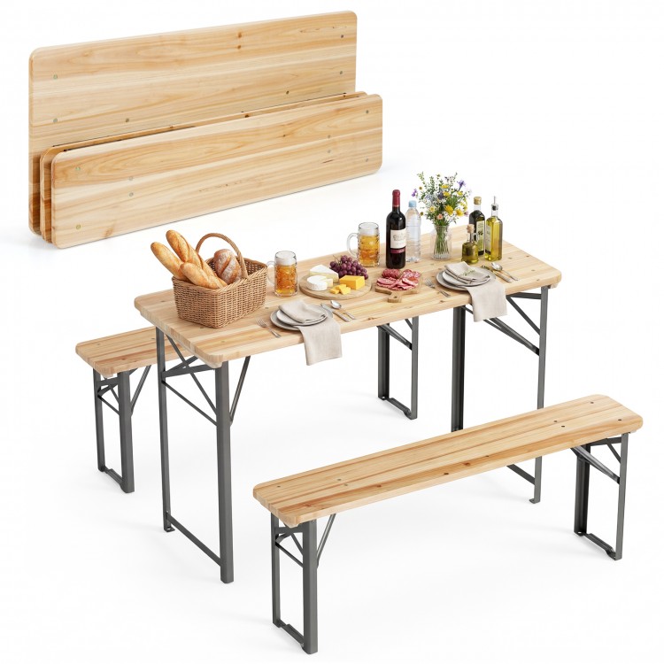 Folding picnic table set with fir wood surface and metal frame, ideal for outdoor gatherings in patio or garden.