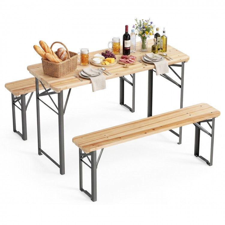 Folding picnic table set with fir wood surface and metal frame, perfect for outdoor gatherings in patio or garden.