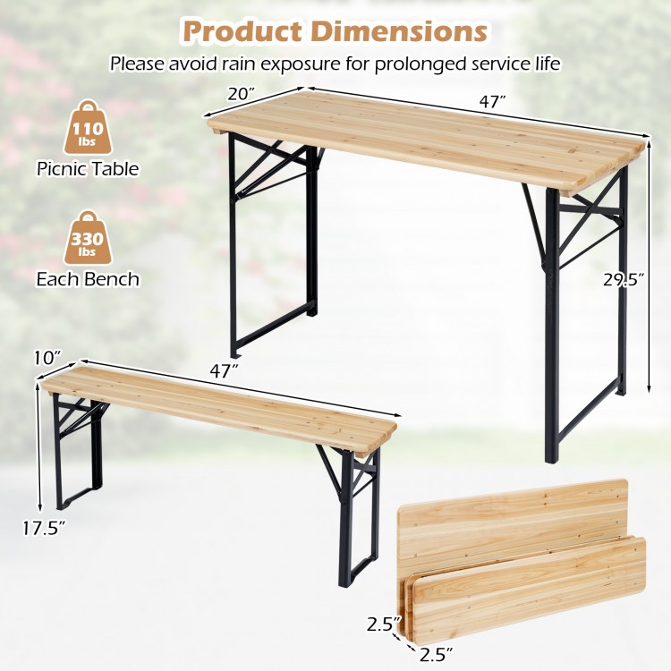 Folding picnic table with benches in natural fir wood, featuring a sturdy metal frame for outdoor gatherings.