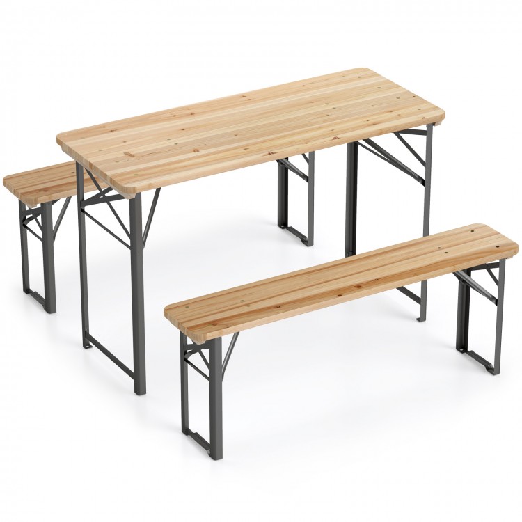 3-piece folding picnic table set with fir wood surface and sturdy metal frame, ideal for outdoor gatherings in patio or.