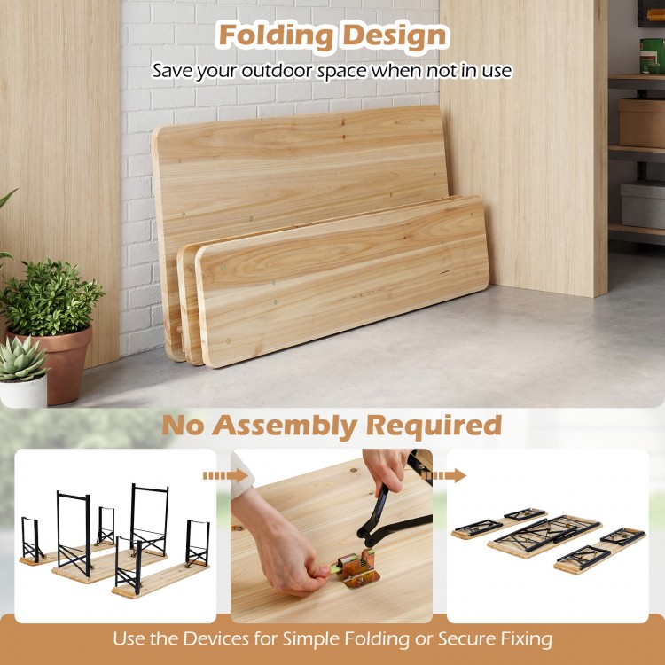 3-piece folding picnic table set in natural fir wood with benches, perfect for outdoor gatherings in patio or garden.