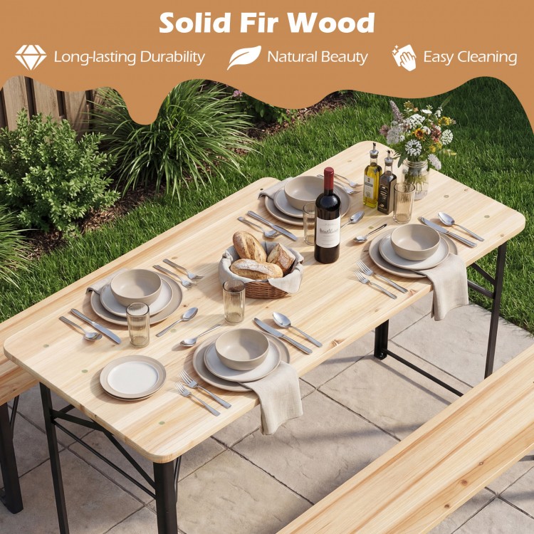 Folding picnic table set with benches made of solid fir wood, featuring a smooth surface for easy cleaning, ideal for.