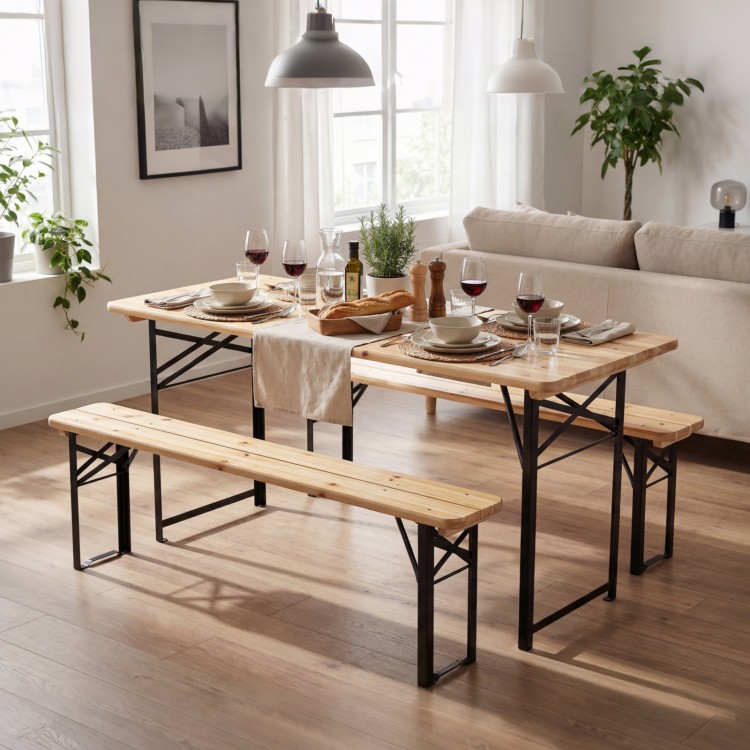 3-piece folding picnic table set with fir wood and metal frame, perfect for outdoor gatherings in patio or garden.