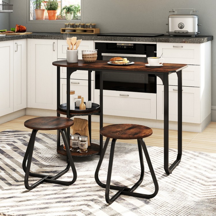 3-piece industrial dining table set in rustic brown with black metal legs, perfect for small spaces and easy.