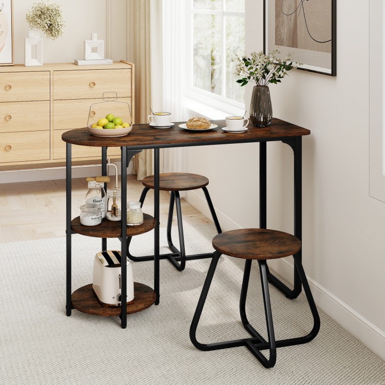 3-piece industrial dining table set in rustic brown with 2 stools and side shelves, perfect for small spaces.