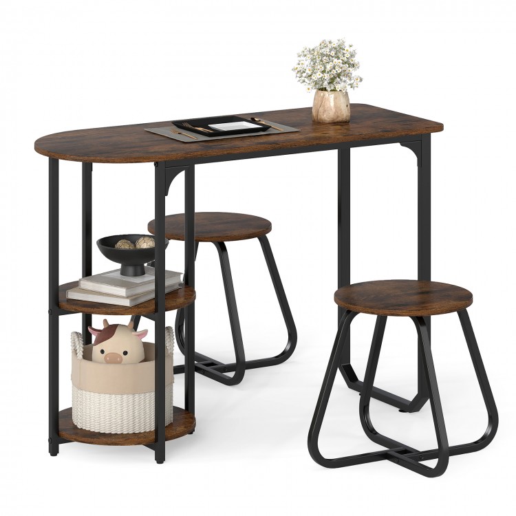 3-piece industrial dining table set in rustic brown with two stools and side shelves, perfect for small spaces.