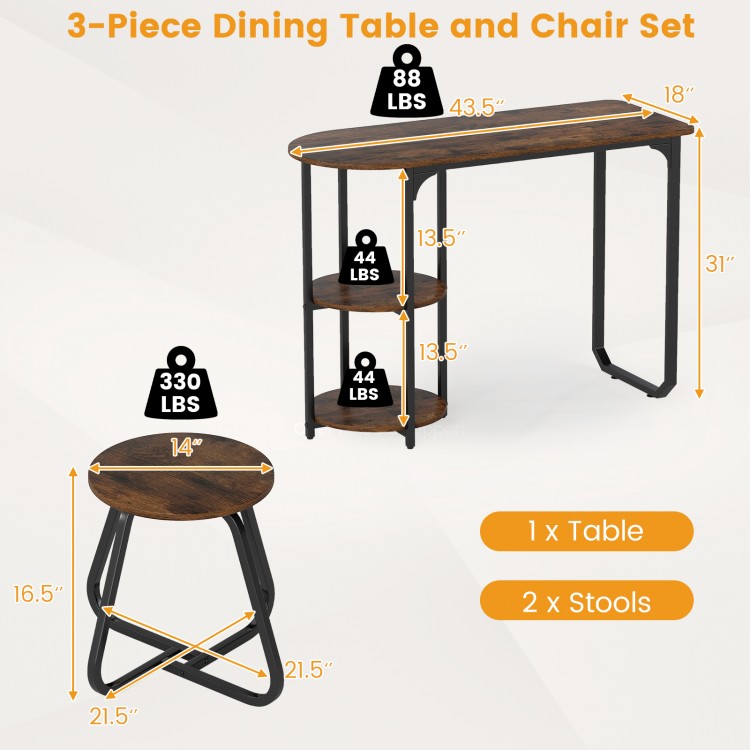 3-piece industrial dining table set in rustic brown with 2 stools, featuring sturdy metal frames and space-saving.