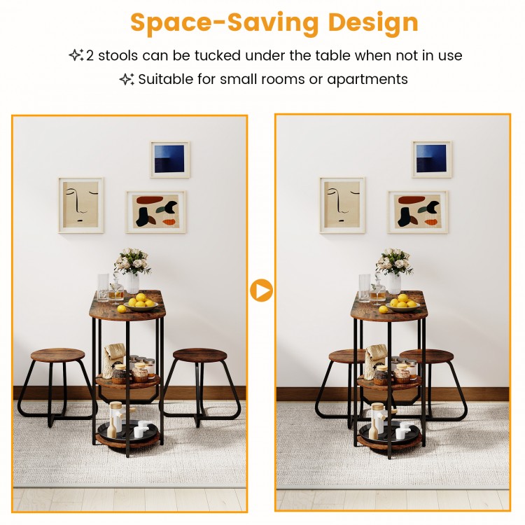 3-piece industrial dining table set in rustic brown with 2 stools tucked under, perfect for small spaces or apartments.