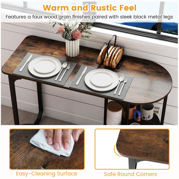 Rustic brown dining table with black metal legs and side shelves, perfect for small spaces and easy to clean.