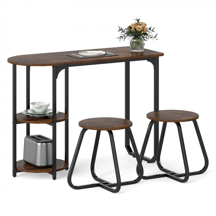 3-piece industrial dining table set in rustic brown with metal frames, includes table and 2 stools for small spaces.