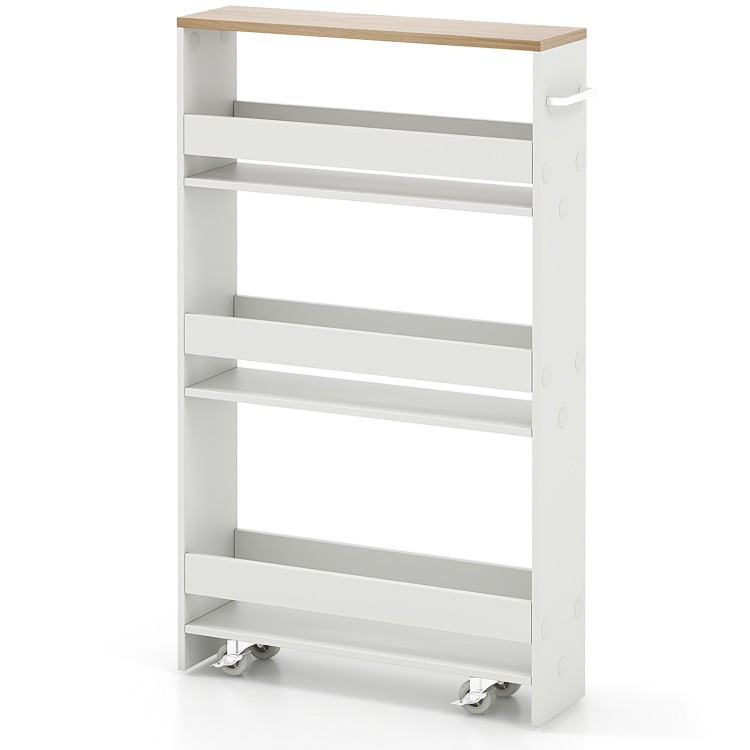 Narrow rolling storage cart with adjustable shelves, white finish, and lockable casters for flexible kitchen.