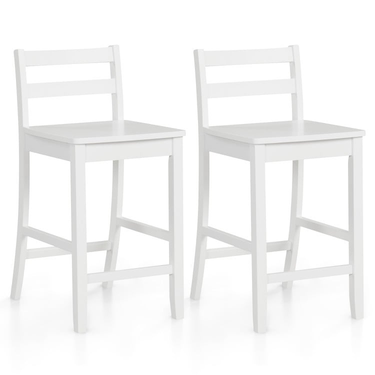 White wooden bar stools with ergonomic backrests, part of a 3-piece kitchen furniture set for modern decor.