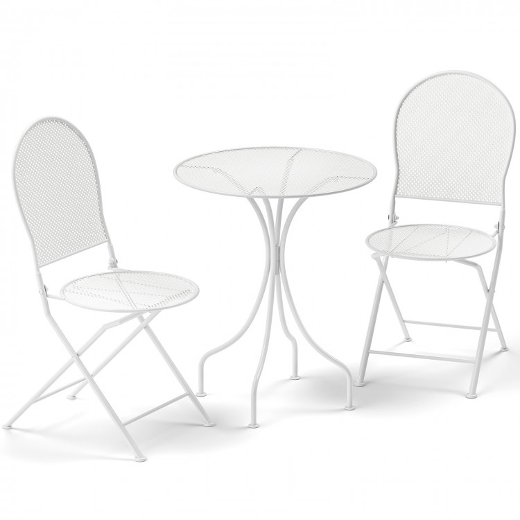 White 3-piece metal bistro set featuring a round table and two folding chairs, ideal for indoor and outdoor use.