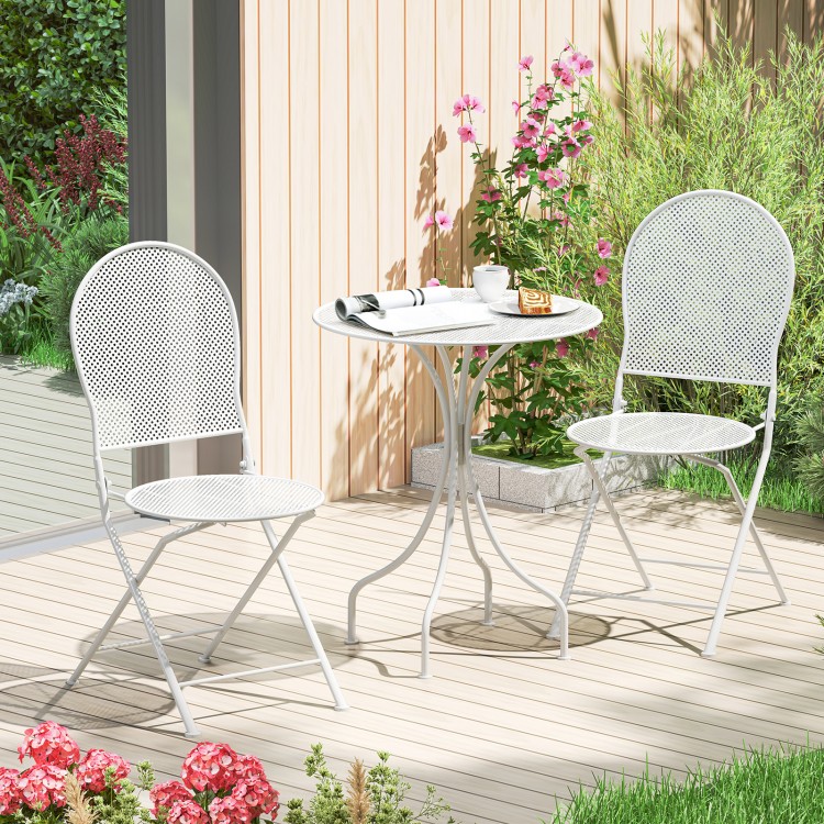 White 3-piece metal bistro set featuring a round table and two folding chairs, perfect for outdoor patio use.
