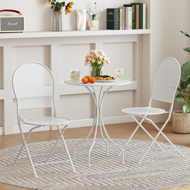White 3-piece metal bistro set with round table and 2 folding chairs, perfect for indoor and outdoor use.